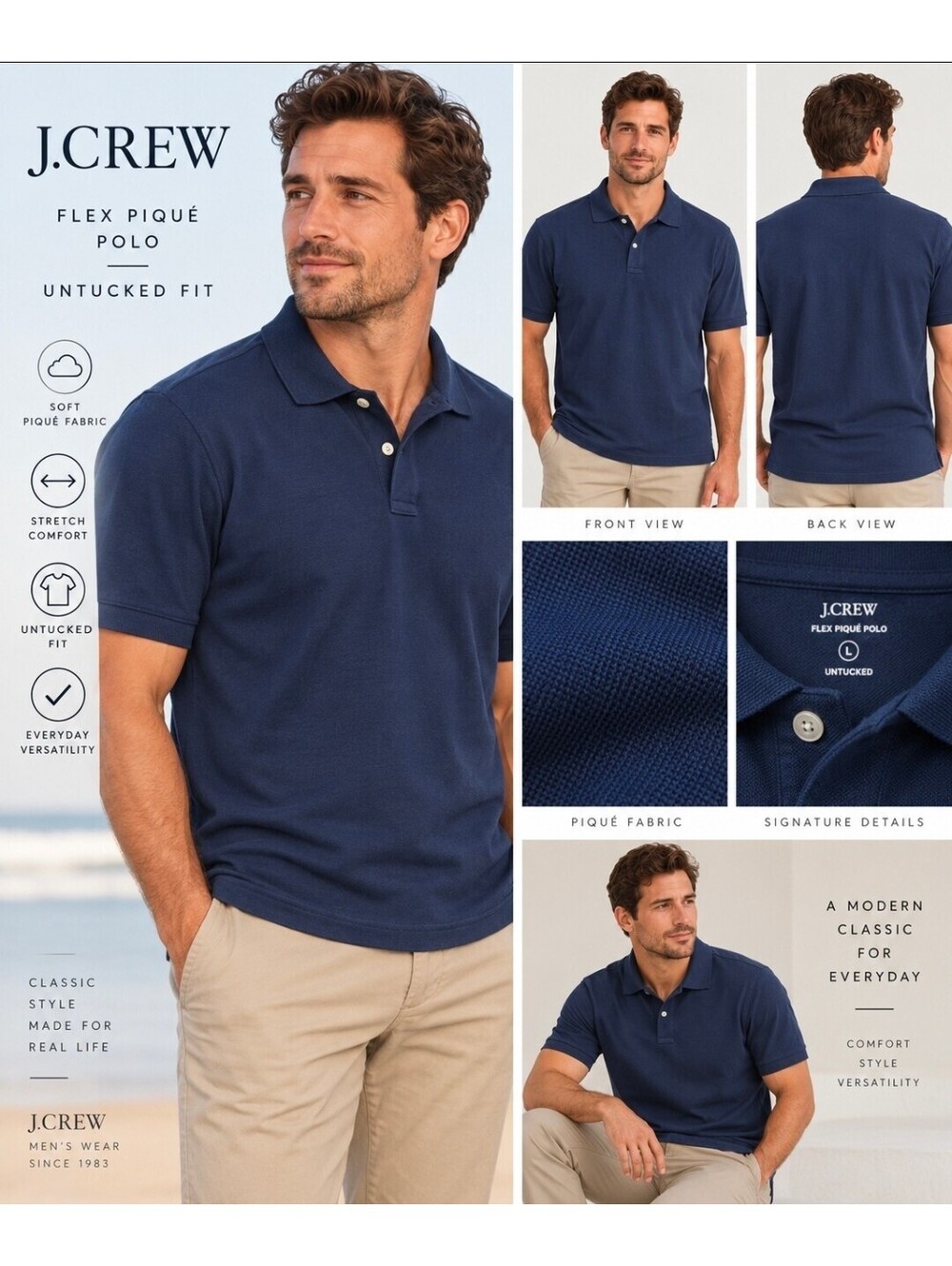 J.Crew Flex Pique Polo Shirt Mens Large Navy Blue Untucked Fit Short Sleeve